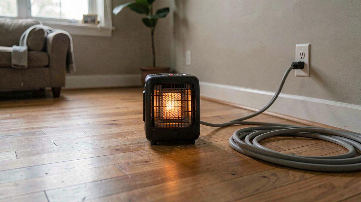 A small electric space heater on a bare hardwood floor in a living room, its grille glowing faintly, with an empty three-foot arc of floor around it and a heavy gray extension cord coiled neatly beside a wall outlet, lit by low afternoon window light.